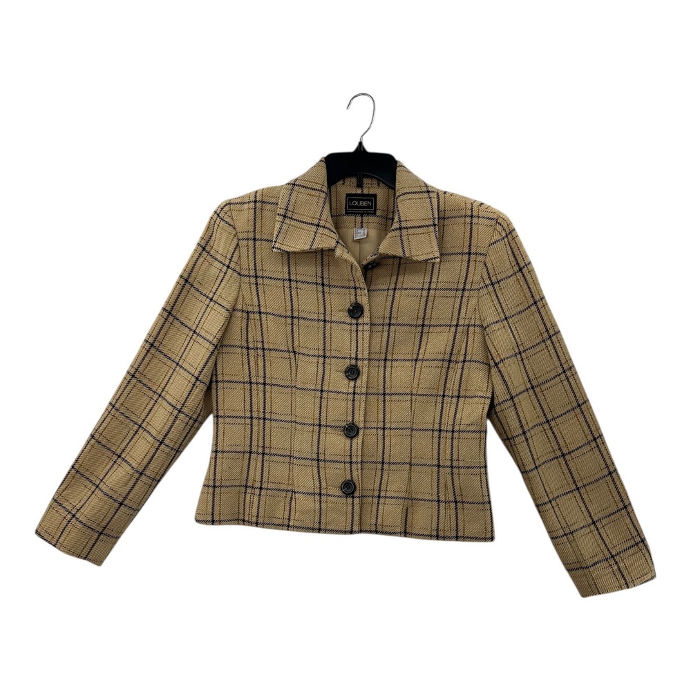 Louben Women's Beige Plaid Wool Blend Blazer Jacket Size 8 Button Front